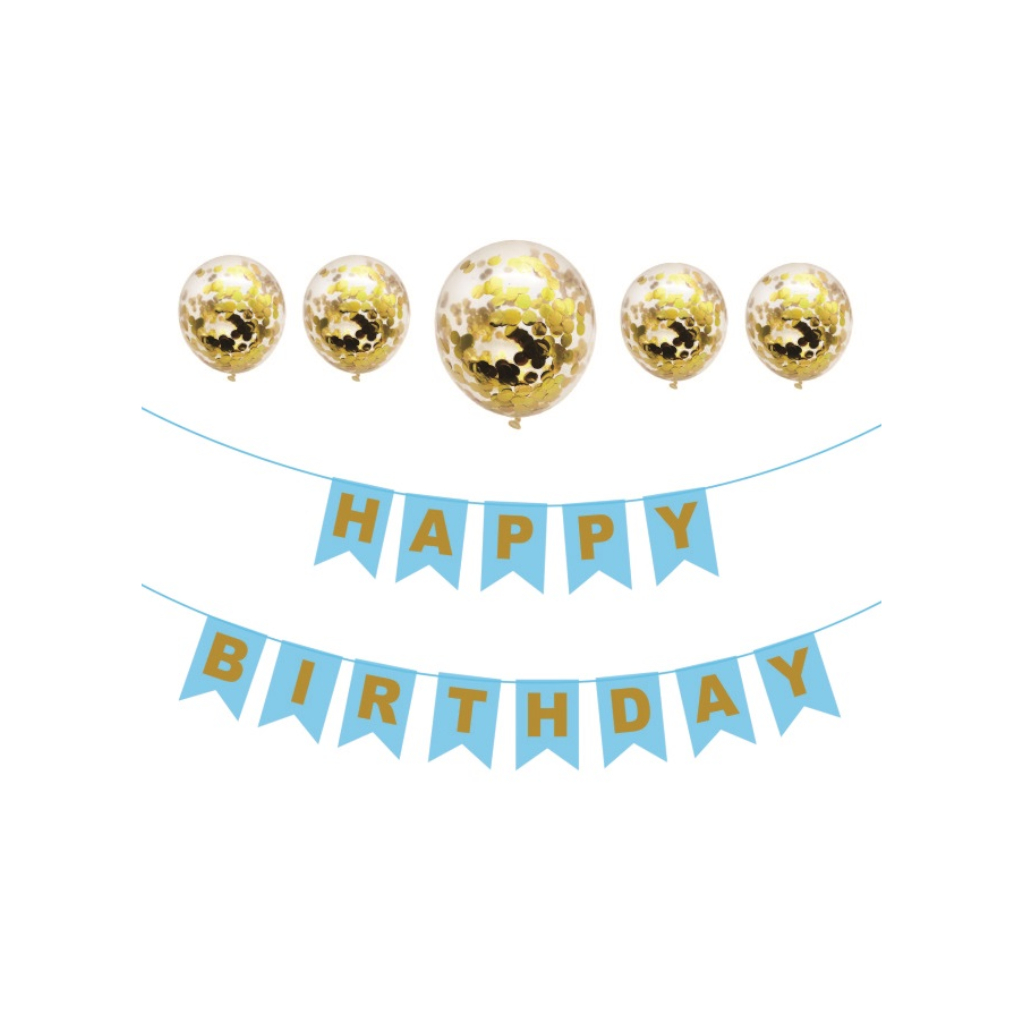 Set 5 baloane party, latex, paiete aurii, suport albastru