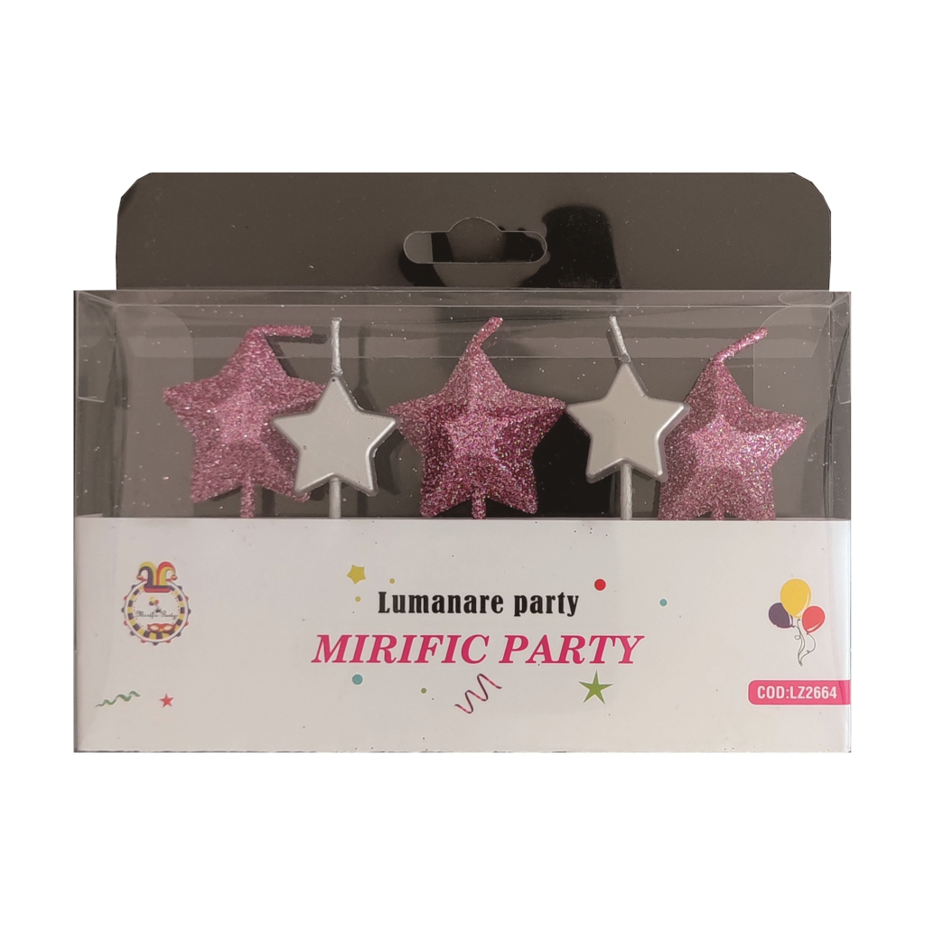 Set 5 lumanari tort argintiu, roz, cu sclipici, 5 cm, stea