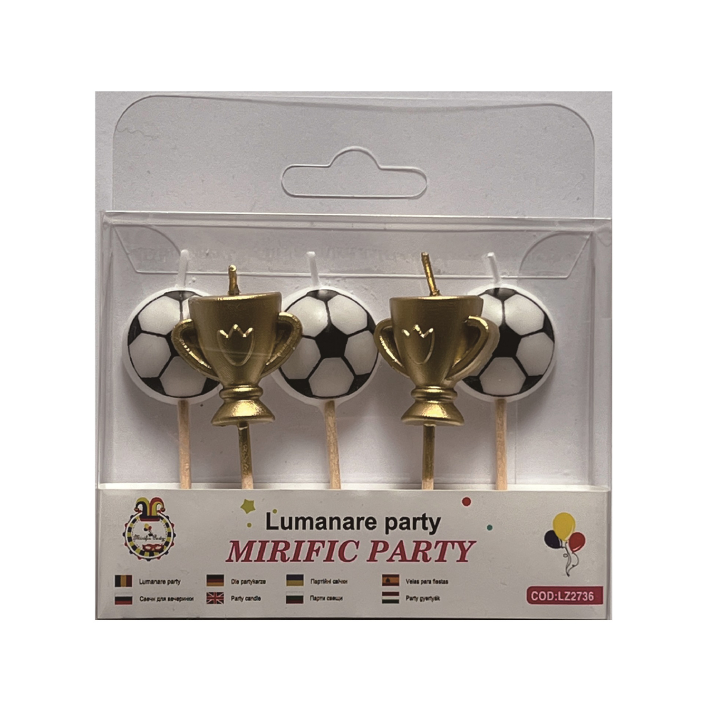 Set 5 lumanari tort, auriu, alb, cupa fotbal, PPLZ2736