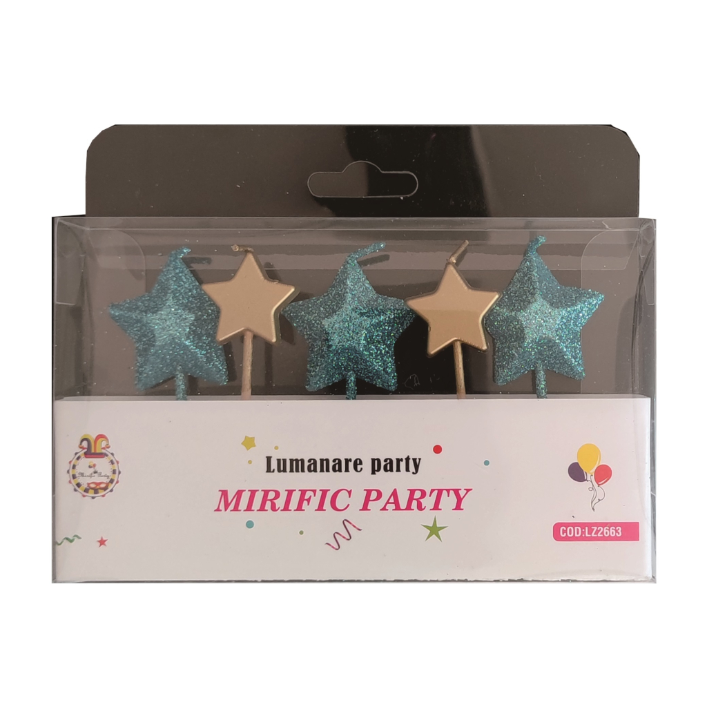 Set 5 lumanari tort auriu, albastru, cu sclipici, 5 cm, stea