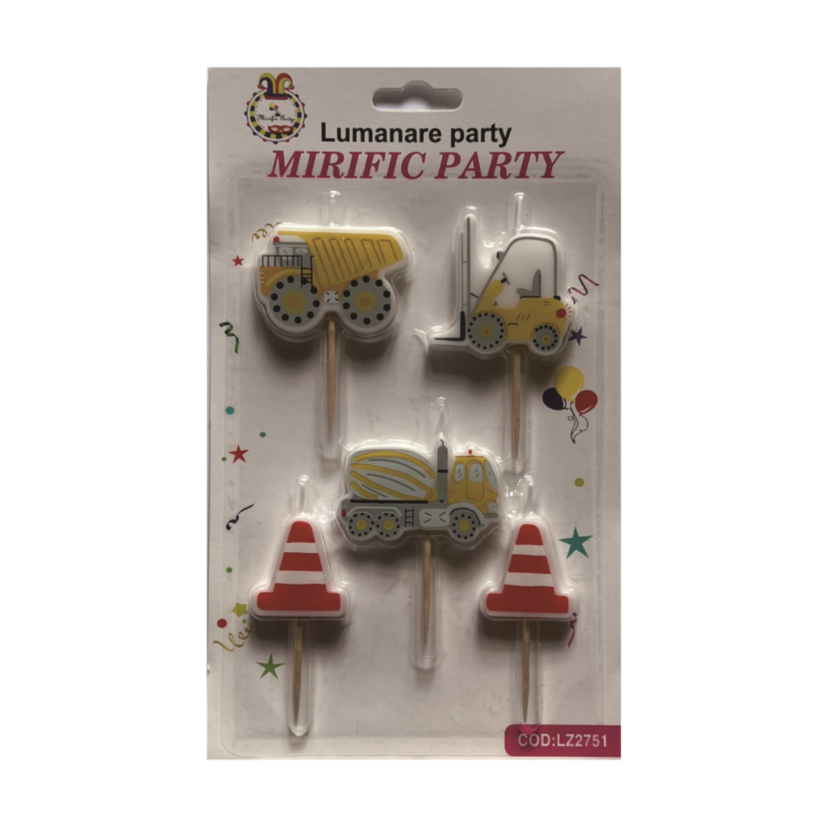Set 5 lumanari tort, multicolor, masini de constructie, PPLZ2751