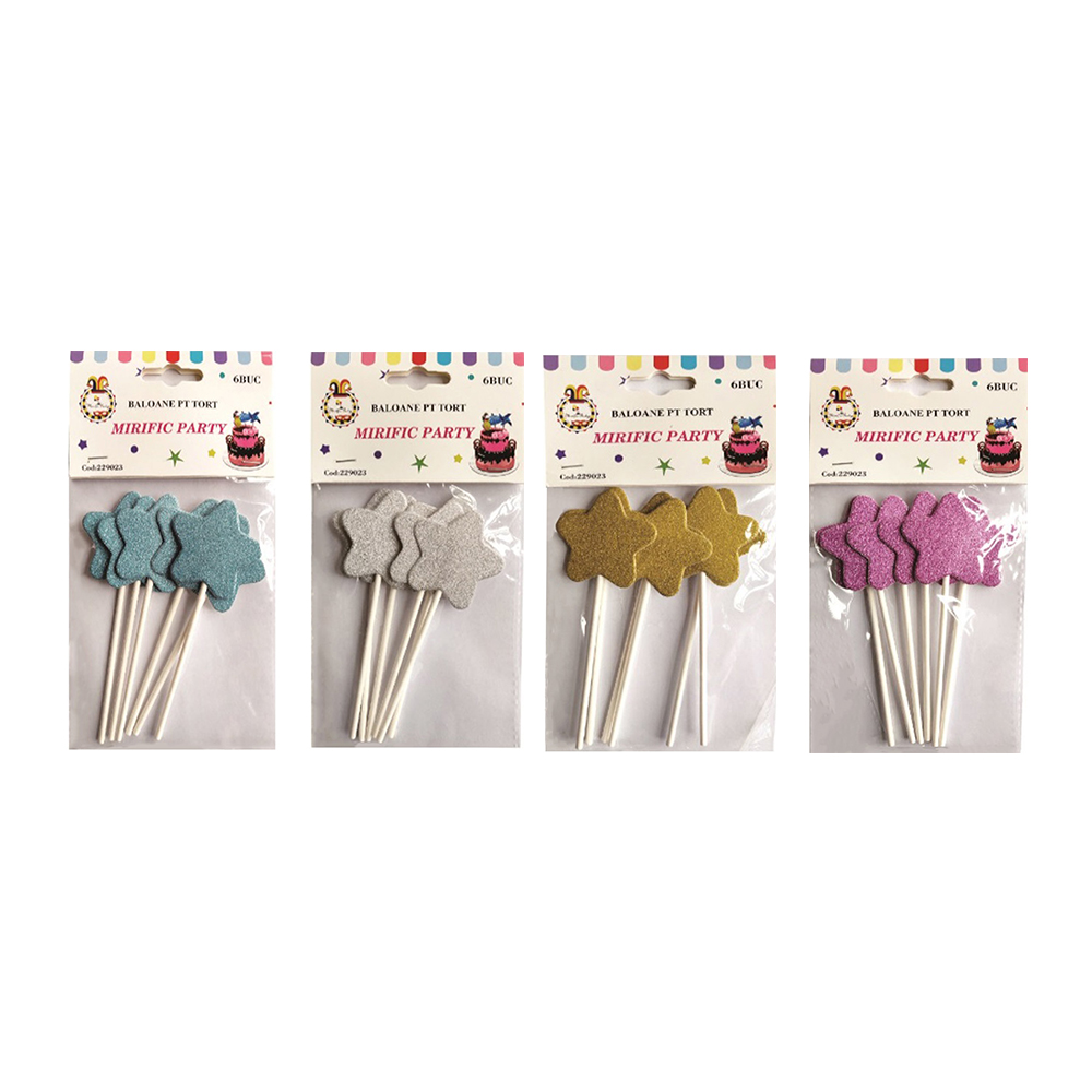 Set 6 buc. topper, diverse culori, cu sclipici, stea
