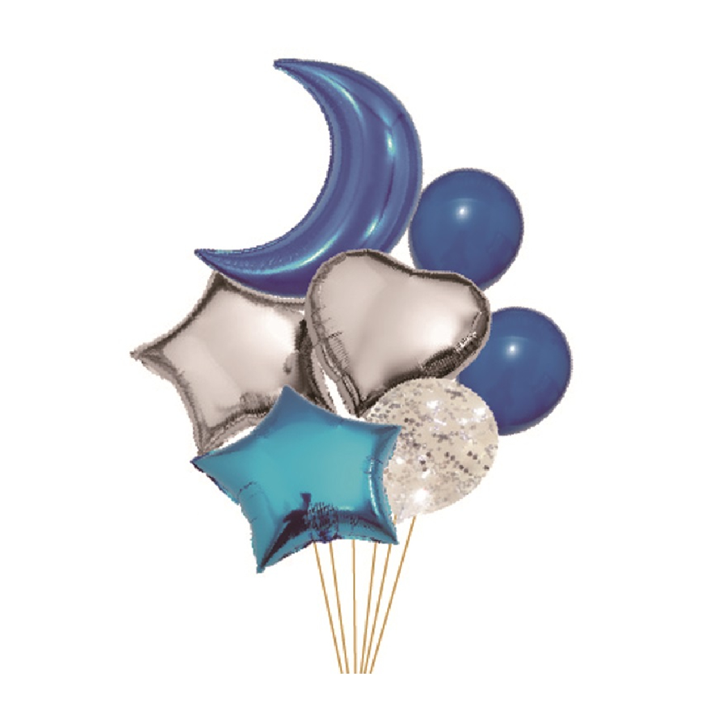 Set 7 baloane party, folie metalizata albastru, argintiu, paiete argintii, TZ5142, 55x45x30 cm