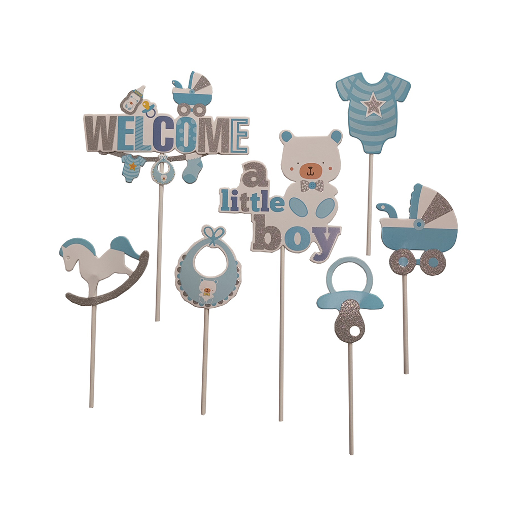 Set 7 buc. topper, albastru, alb, argintiu, cu sclipici, 19x12.5 cm, baby, PPQT8003