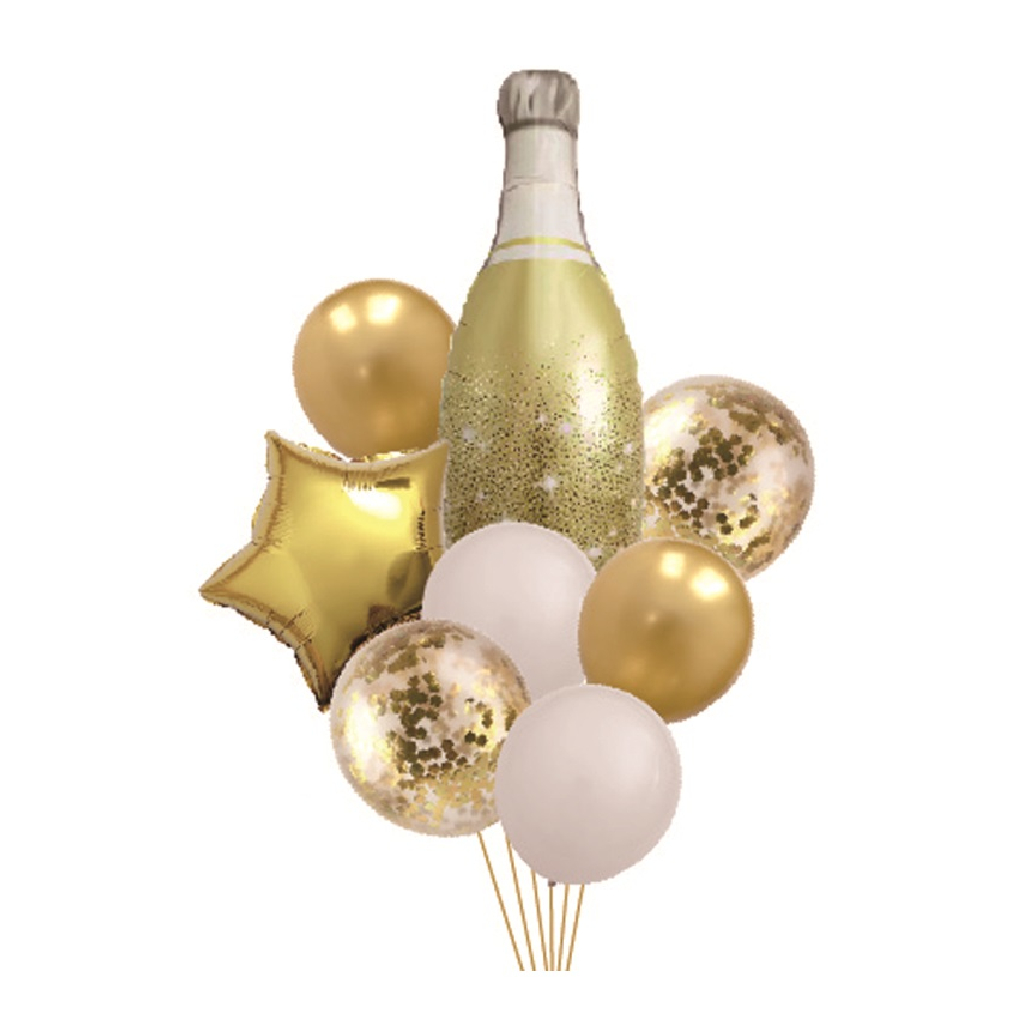 Set 8 baloane party, folie metalizata alb, auriu, paiete aurii, TZ5146, sampanie, 80x45x42x30 cm