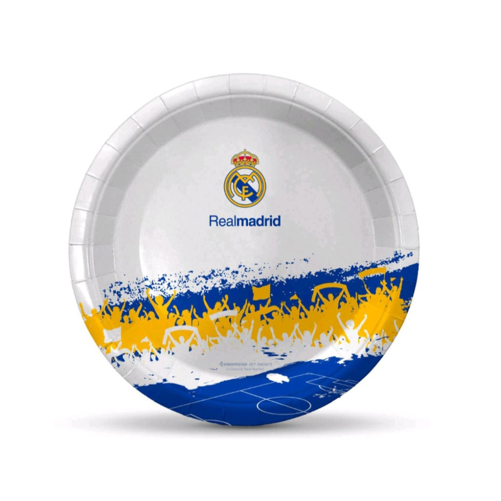 Set 8 buc farfurie tort alb, albastru, galben, 18 cm, fotbal, PPRM34079