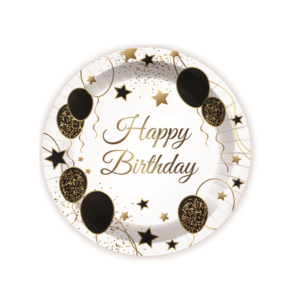 Set 8 buc farfurie tort alb, negru, auriu, 18 cm, happy birthday, PPPZ7384