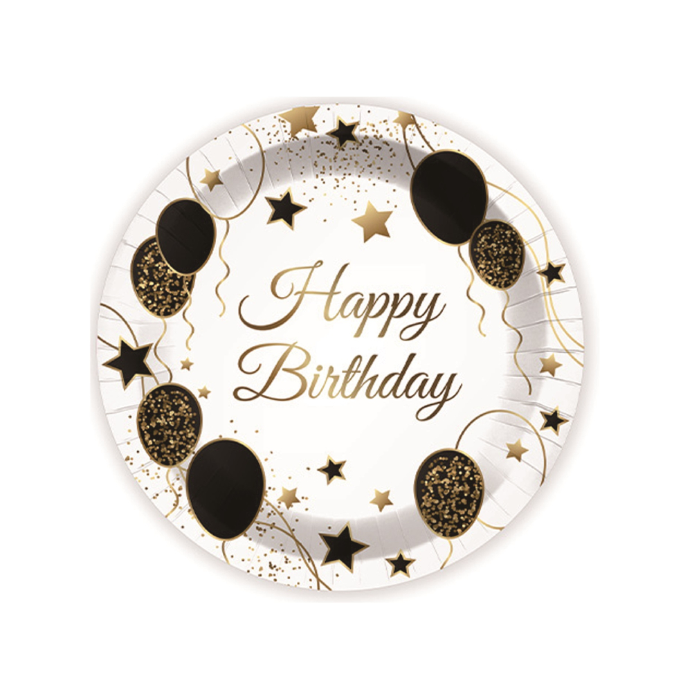 Set 8 buc farfurie tort alb, negru, auriu, 23 cm, happy birthday, PPPZ7374