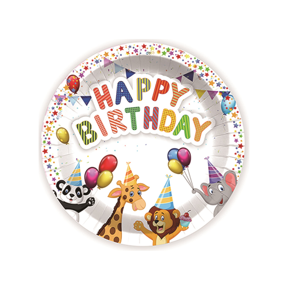 Set 8 buc farfurie tort multicolor, 18 cm, animalute, happy birthday, PPPZ7390