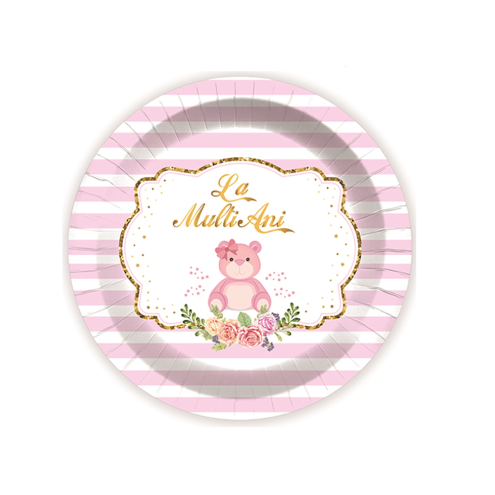 Set 8 buc farfurie tort roz, alb, 18 cm, la multi ani, PPPZ7389