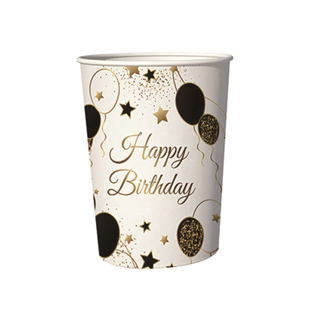 Set 8 buc pahare carton alb, negru, auriu, happy birthday, PPPZ7400