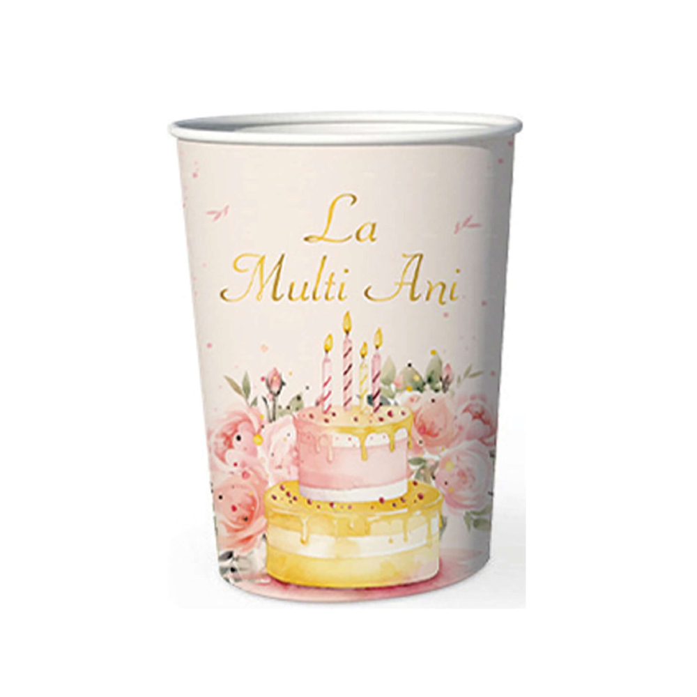 Set 8 buc pahare carton multicolor, tort, la multi ani, PPPZ7408