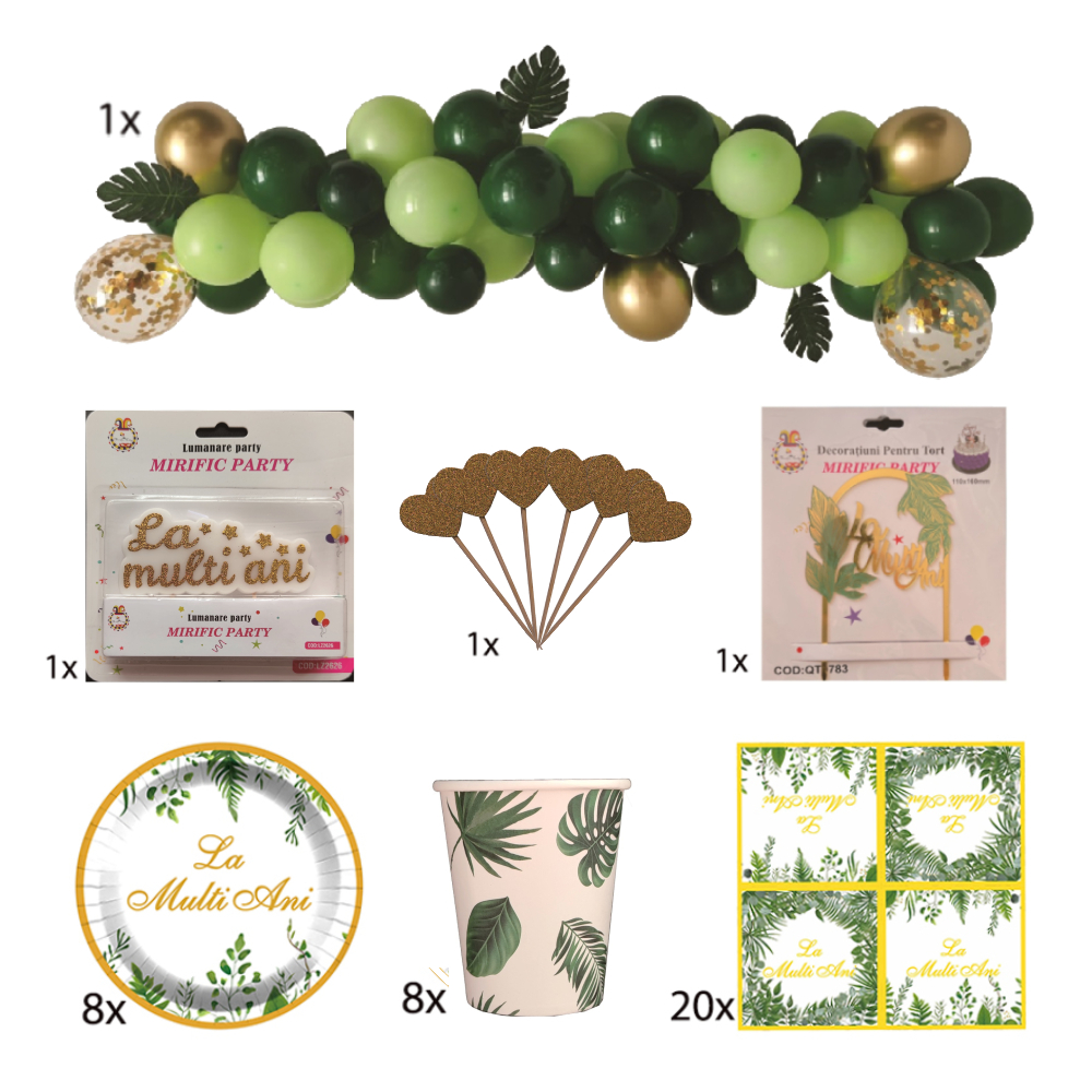 Set petrecere la multi ani, verde, alb, auriu