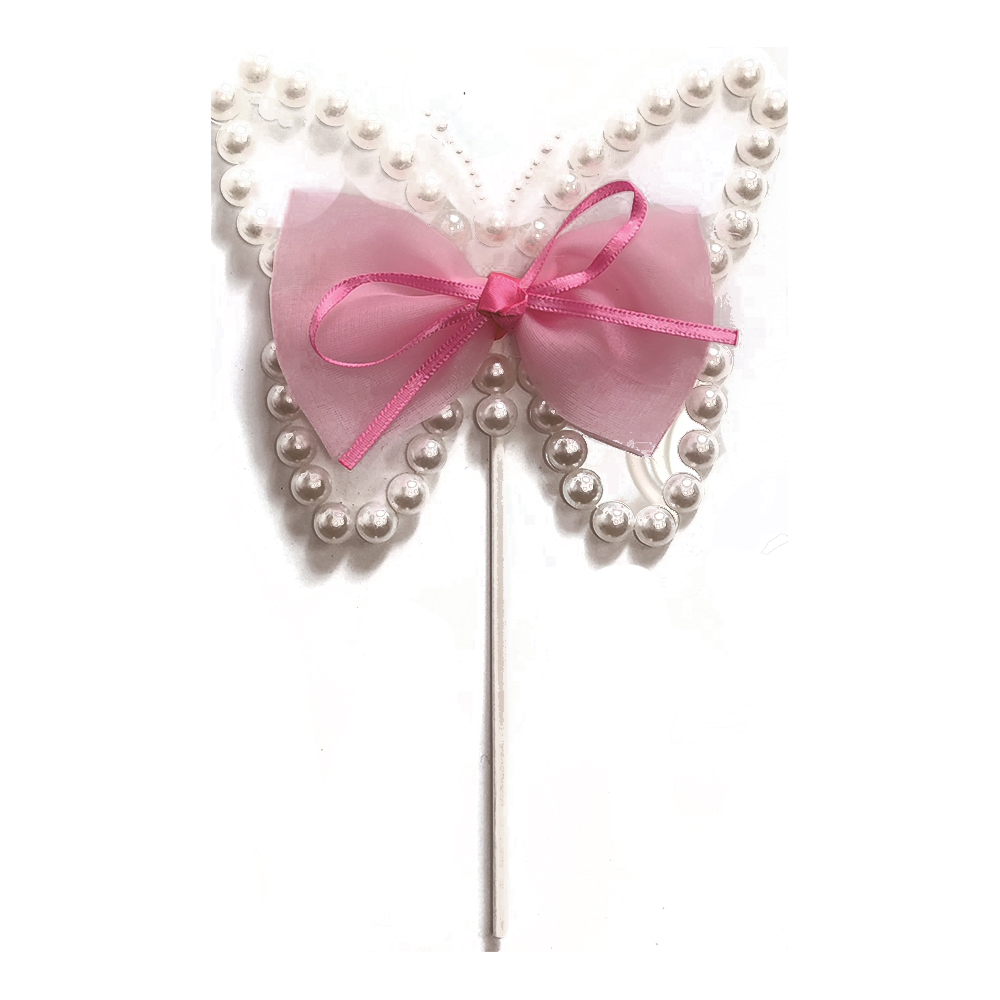 Topper roz, alb, cu perle, 21x15 cm, fluture, PPQT8005