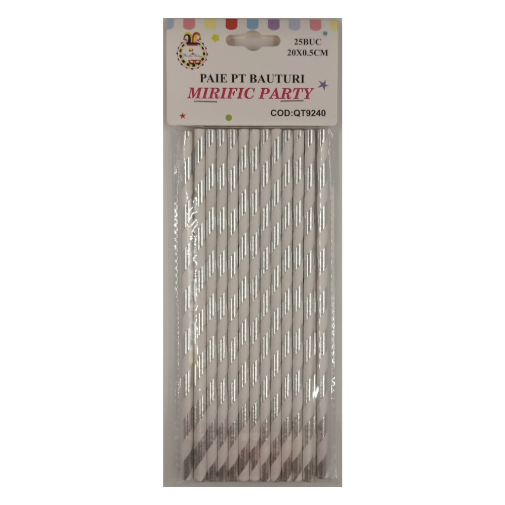 Set 25 de paie argintiu, alb, 20 cm